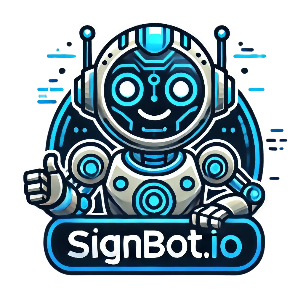 Signbot.io Logo - A futuristic robot mascot with a thumbs-up gesture, embodying creativity and innovation in sign-making solutions.